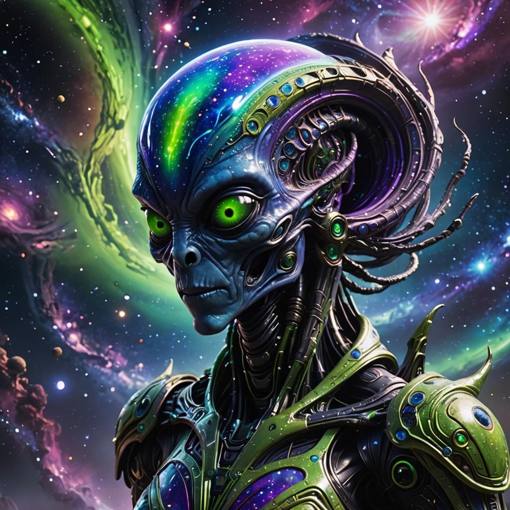 Alien Portrait in Cosmic Landscape with Volumetric Lighting