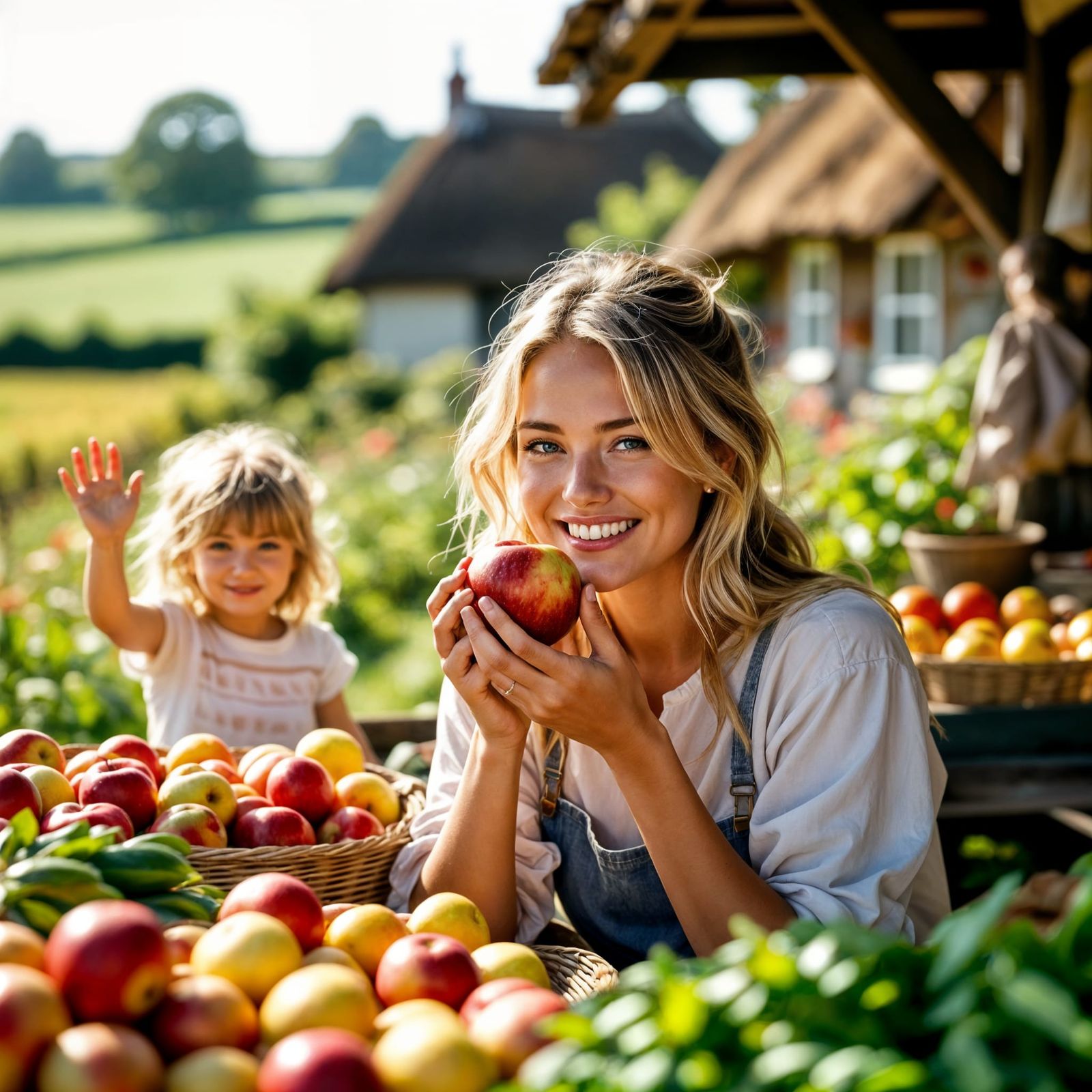 Woman Eats Apple at Rustic Roadside Stall