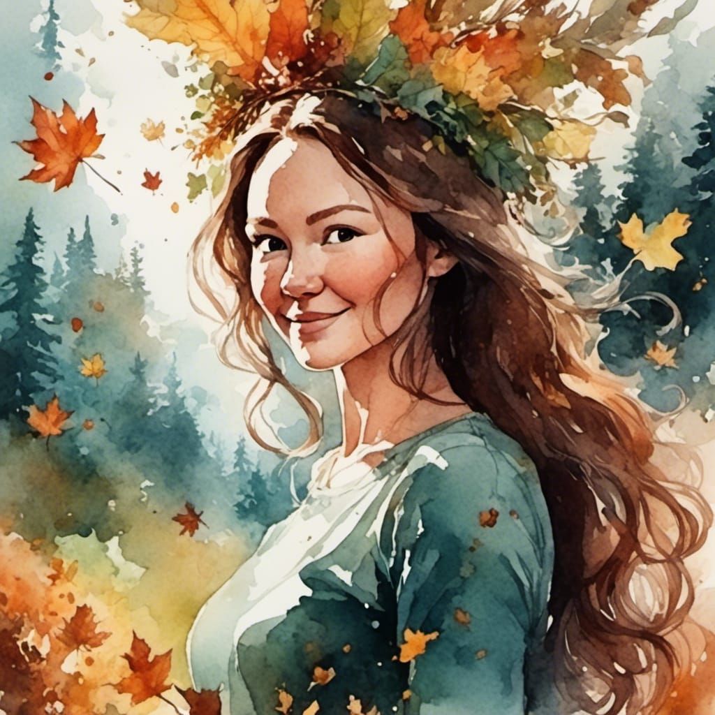 Autumn Woman Portrait in Watercolor Style