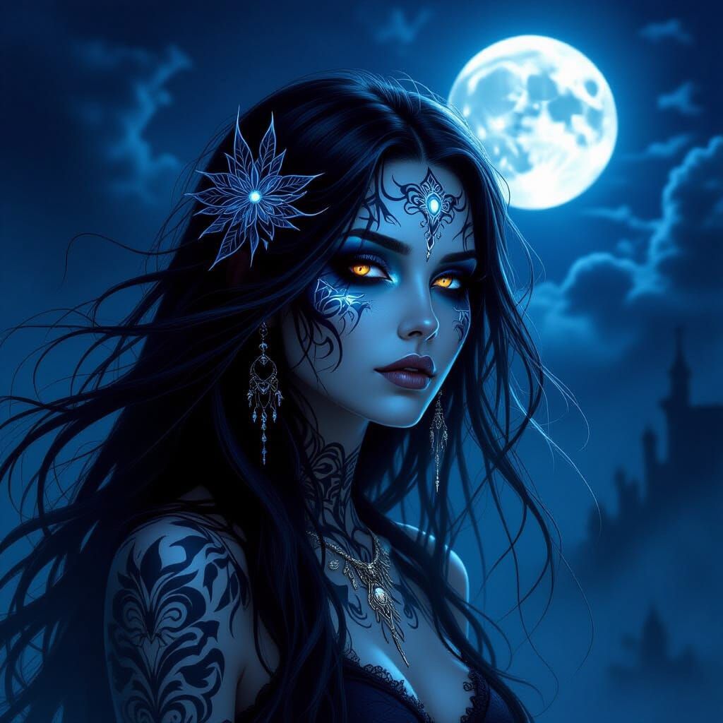 Spectral Banshee With Glowing Blue and Silver Tattoos