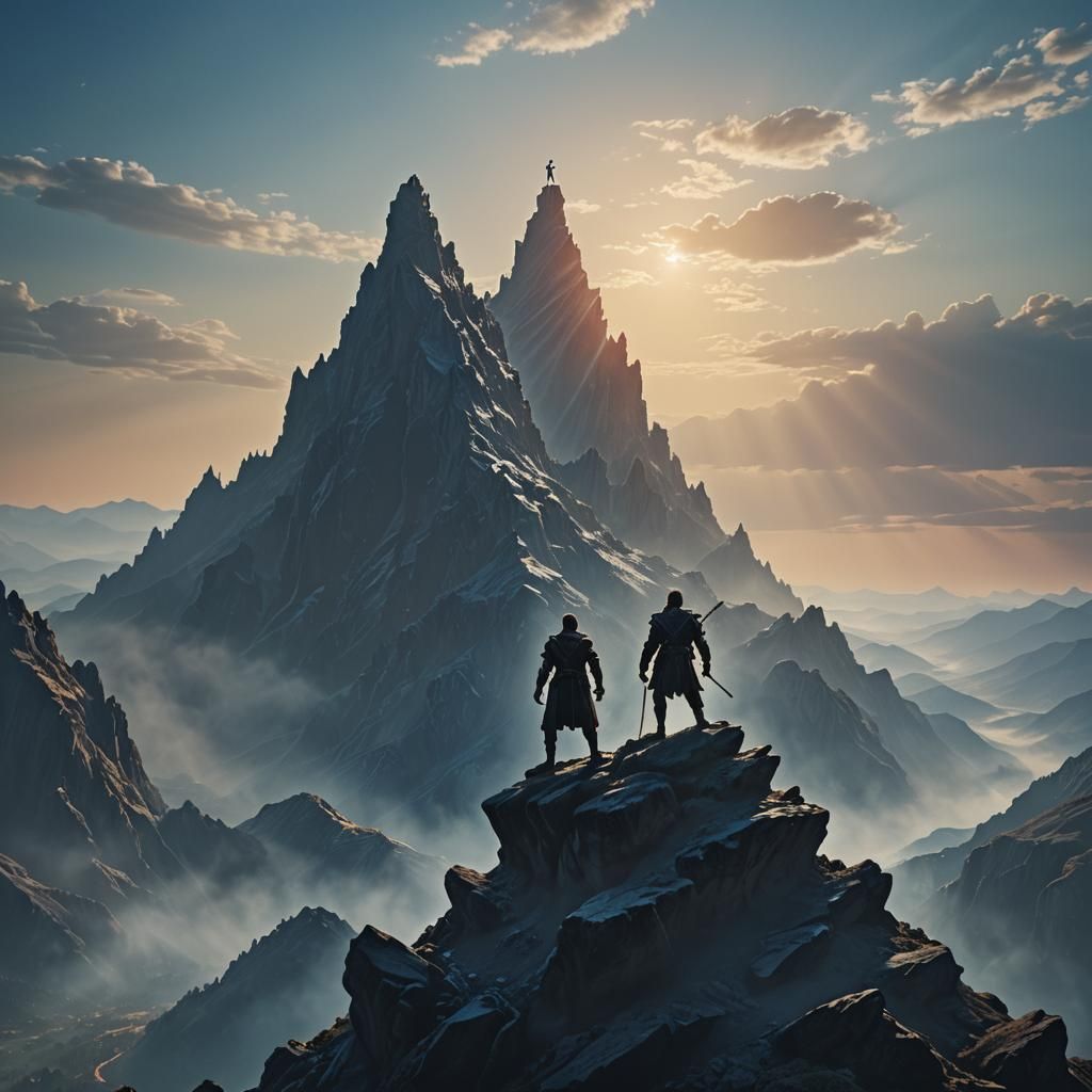 Heroic Figure on Mystical Mountain at Dawn
