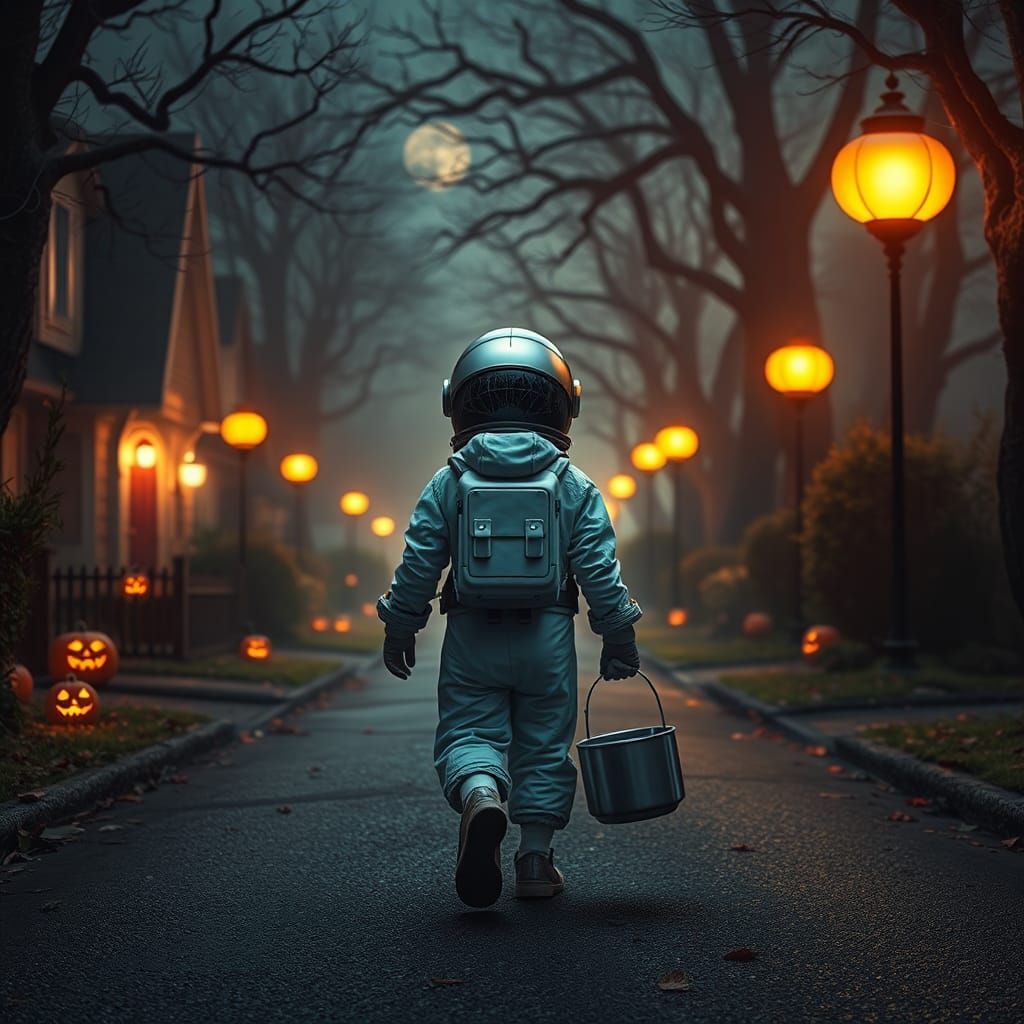 Little girl dressed as an astronaut going trick or treating