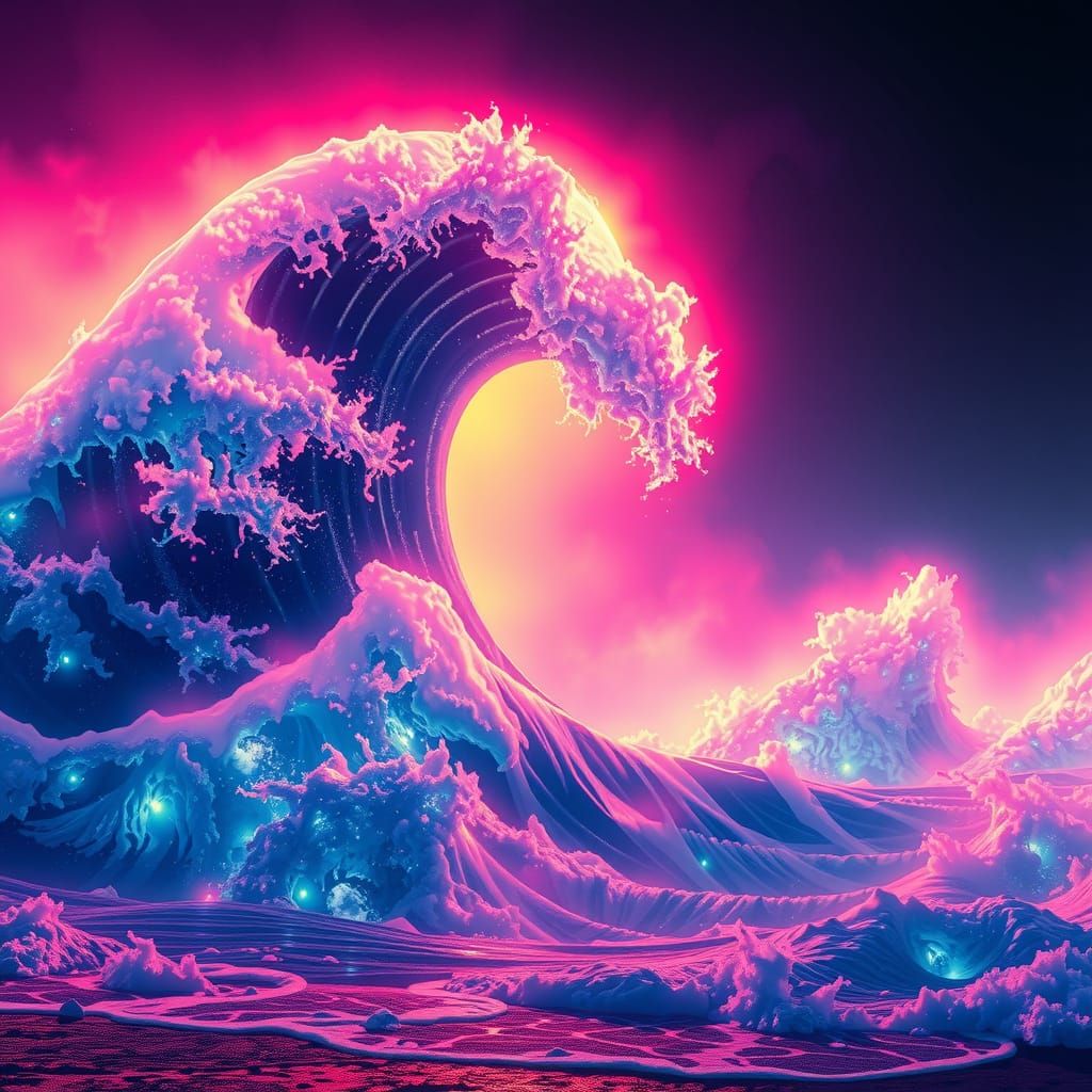Towering Wave Crashes in Neon Cyberpunk Style