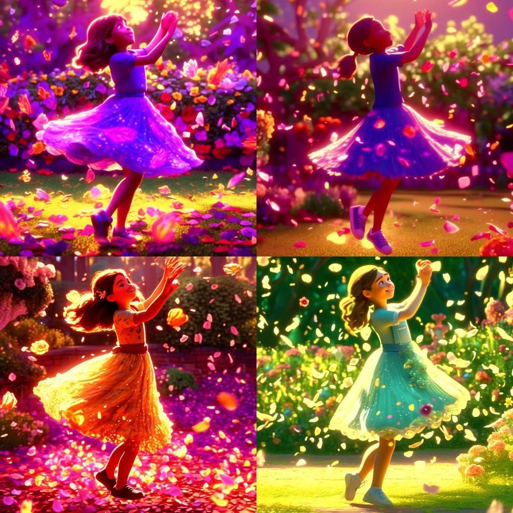 Girl Dancing in Sunlit Garden in Disney Pixar Style