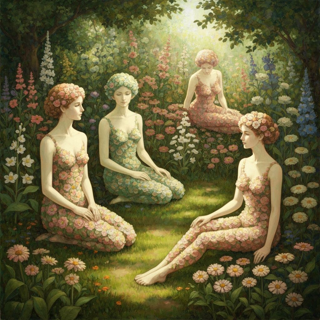Ethereal Flower Figures in Impressionistic Garden