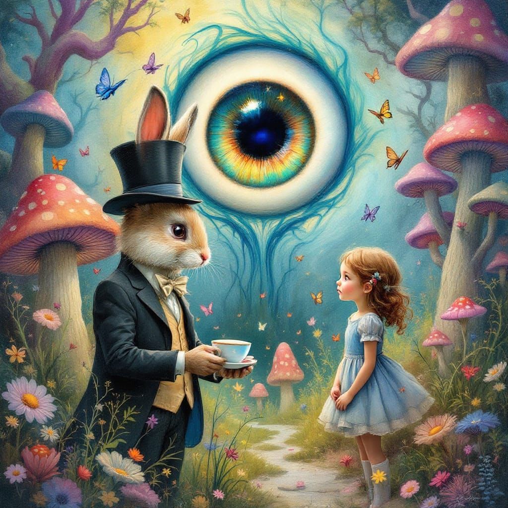 Whimsical Rabbit in Top Hat Meets Girl in Wonderland