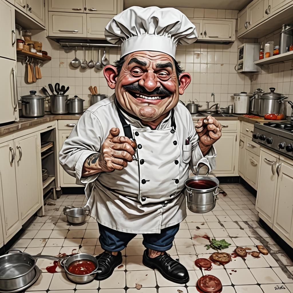 Humorous Caricature of an Unruly Chef in Kitchen