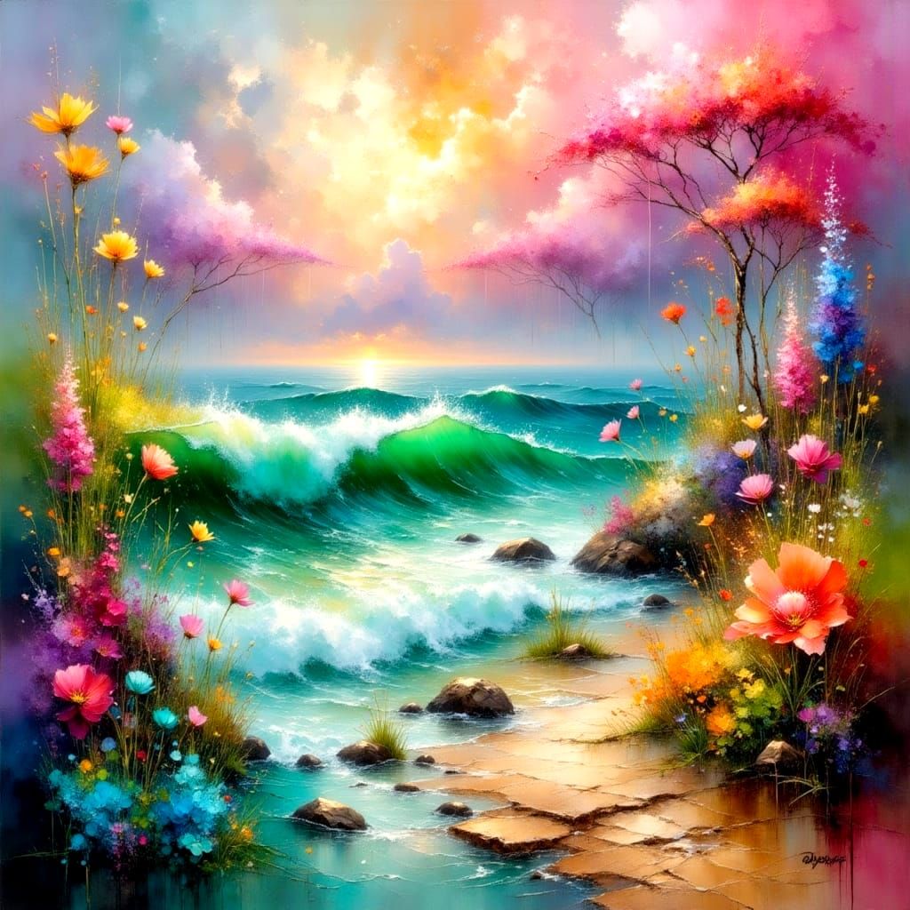 Impasto Ocean Landscape with Clouds and Rain