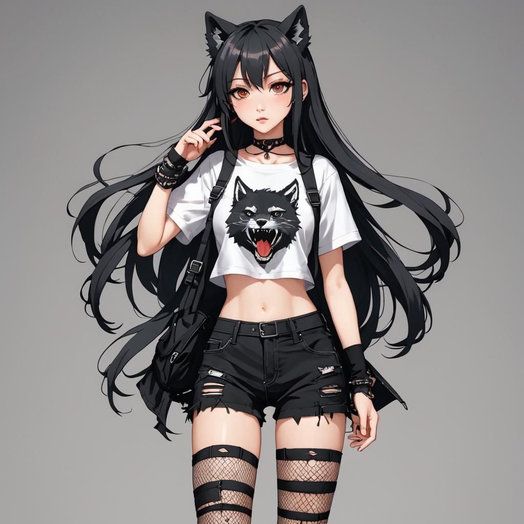 Anime Goth Girl with Wolf Cut in Manga Style