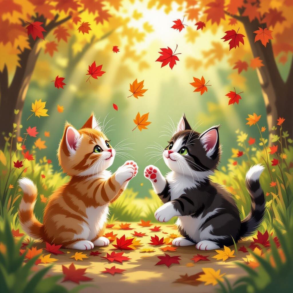 Playful Kittens Chase Autumn Leaves in Whimsical Garden