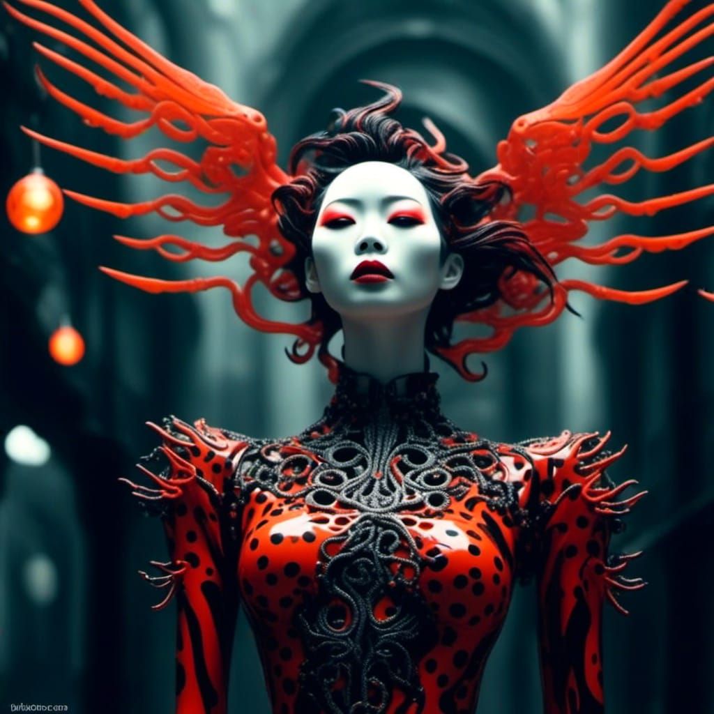 Asian Angel Descent in a Giger-esque Style