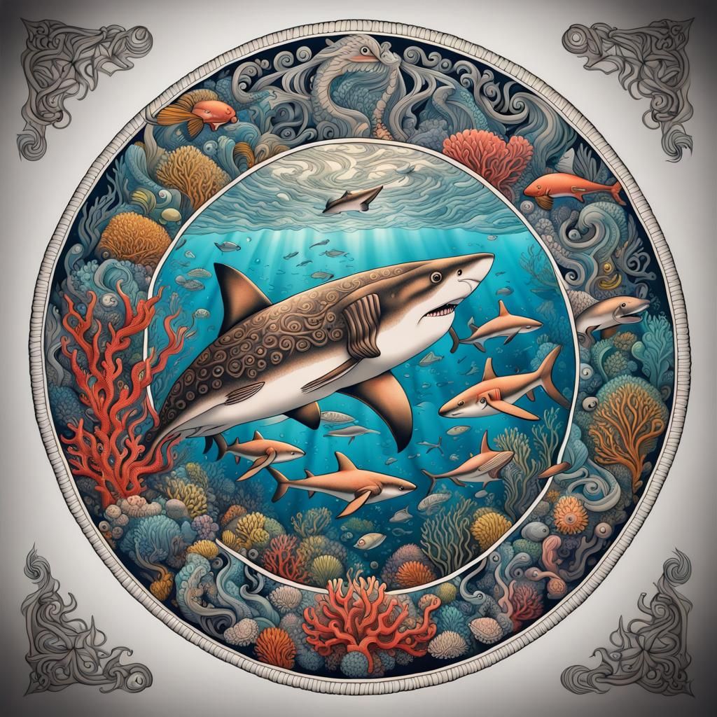 Ornate Ocean Mandala in Traditional Tattoo Style