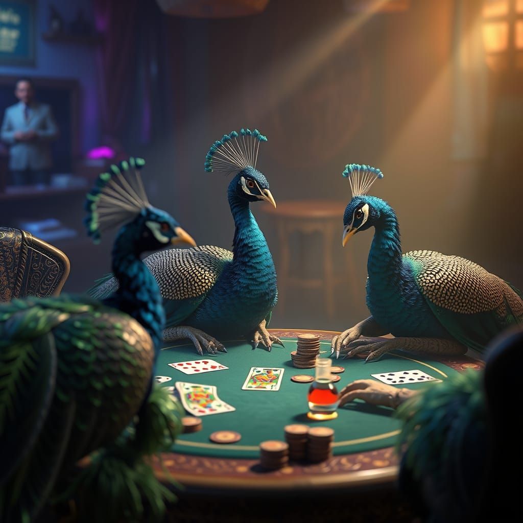 Peacocks Play Poker: Detailed Fantasy Concept Art
