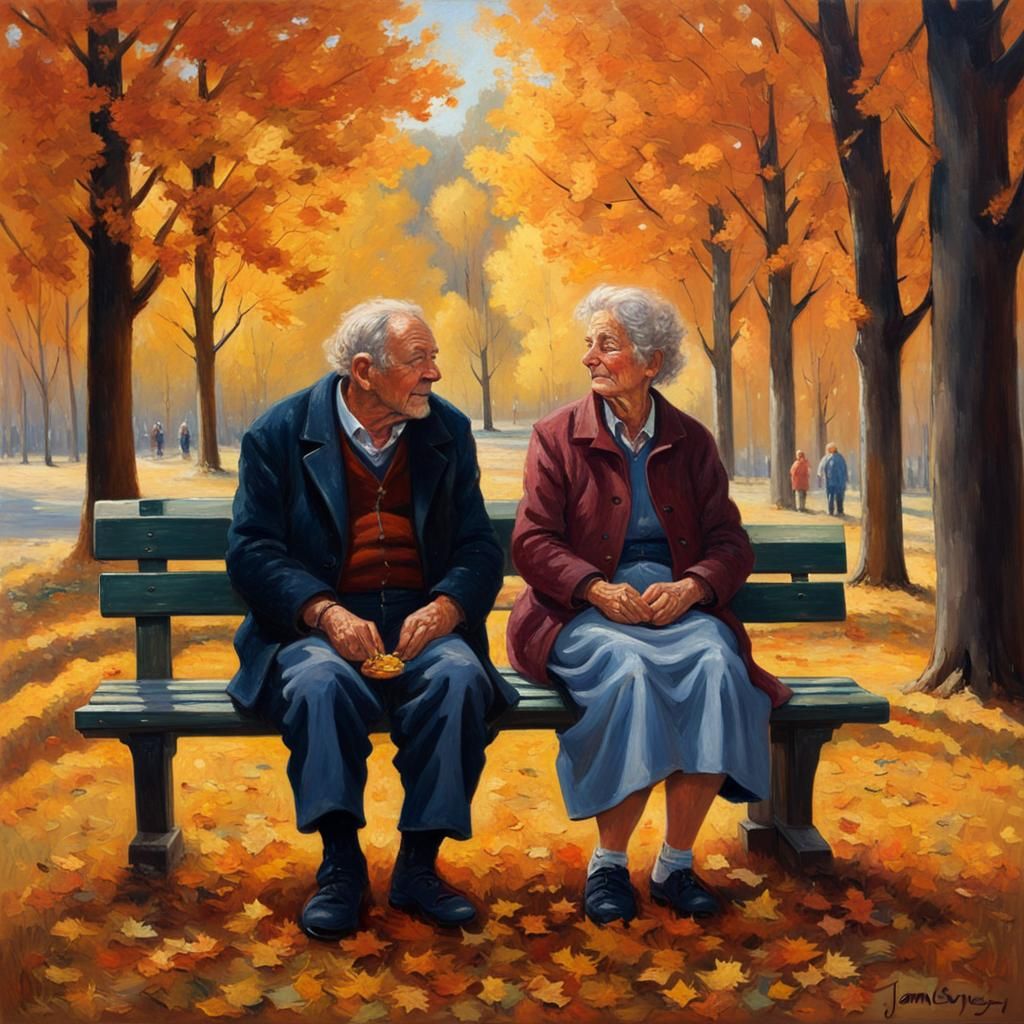 Autumn Scene: Elderly Couple in Park, Oil Painting