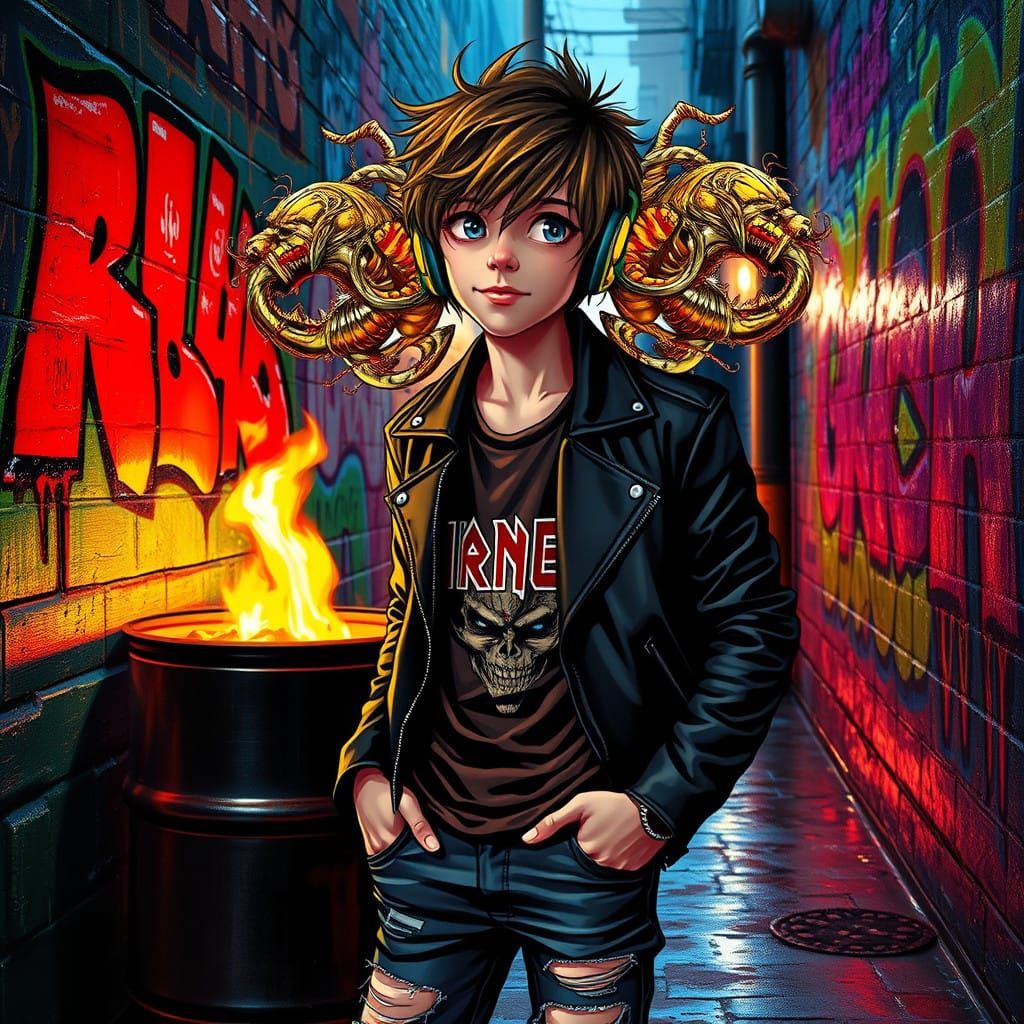 Rockstar Teen Rebels in a Neon Alleyway Scene