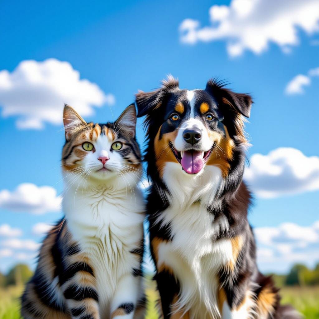 Friendly Cat and Dog Portrait Under Blue Sky