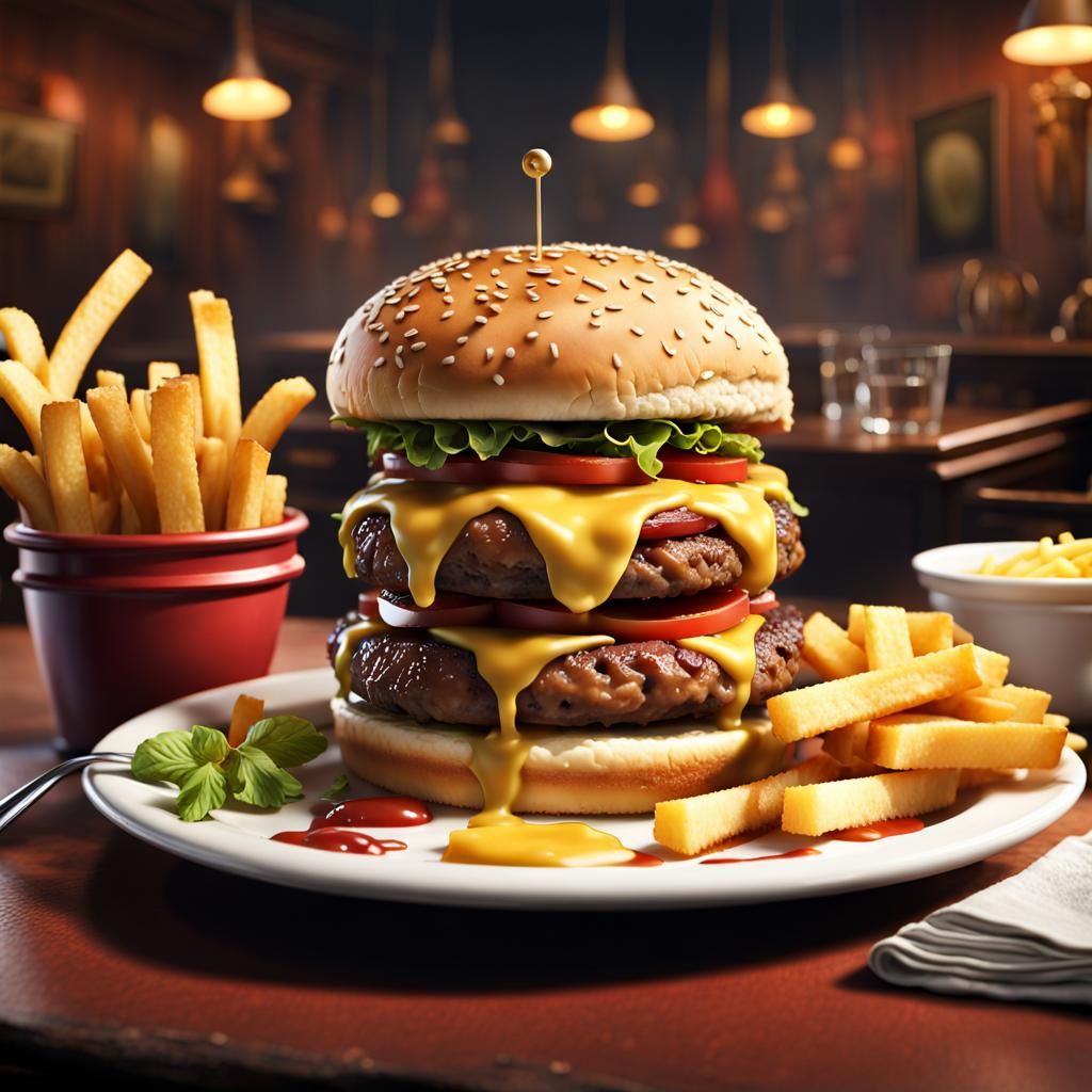 Hyperdetailed Cheeseburger and Fries: A Digital Masterpiece