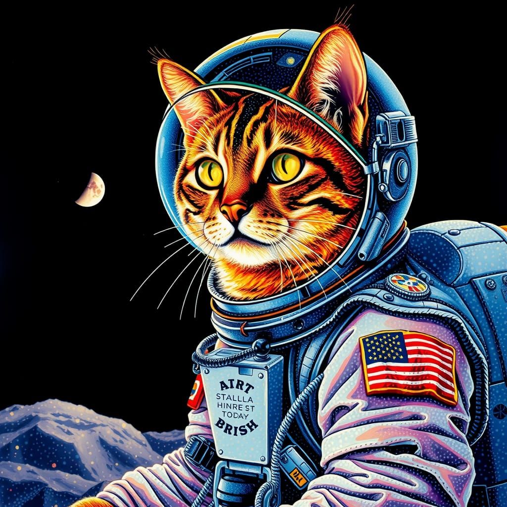 Astronaut Cat on the Moon in Pointillism