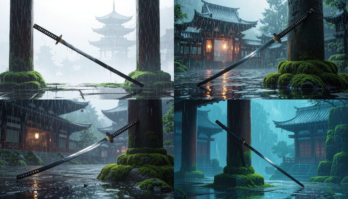 Katana in Rainy Temple Garden