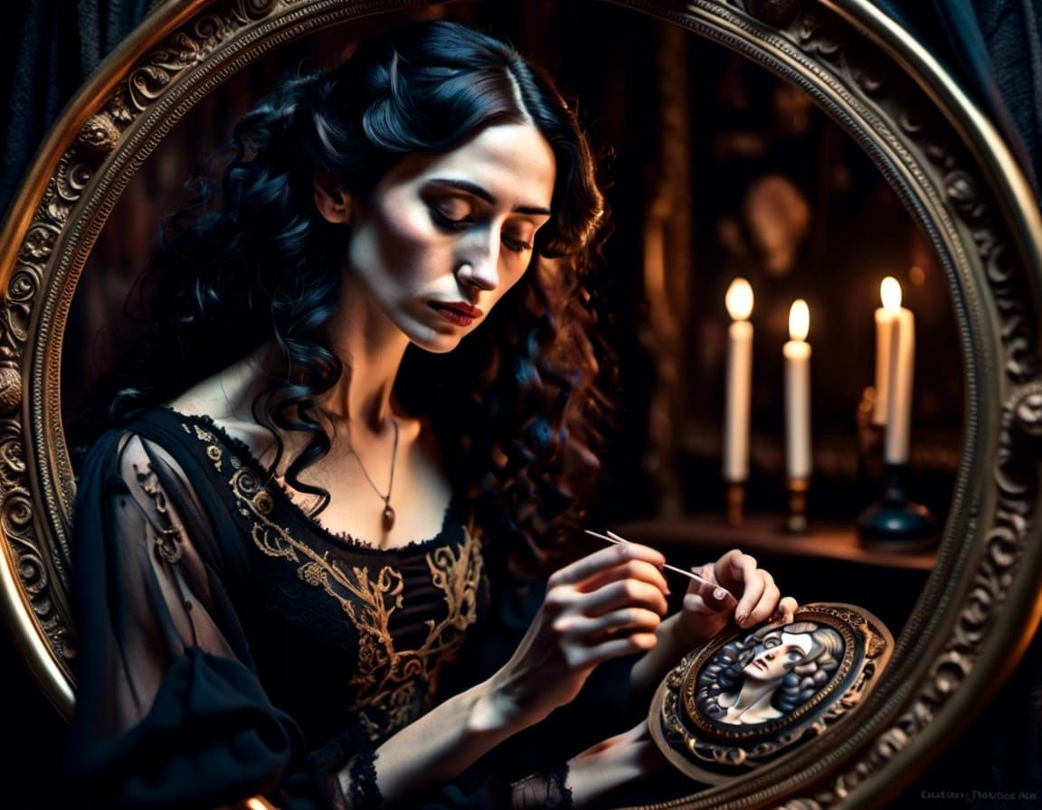 victorian lady, embroidering on a round frame