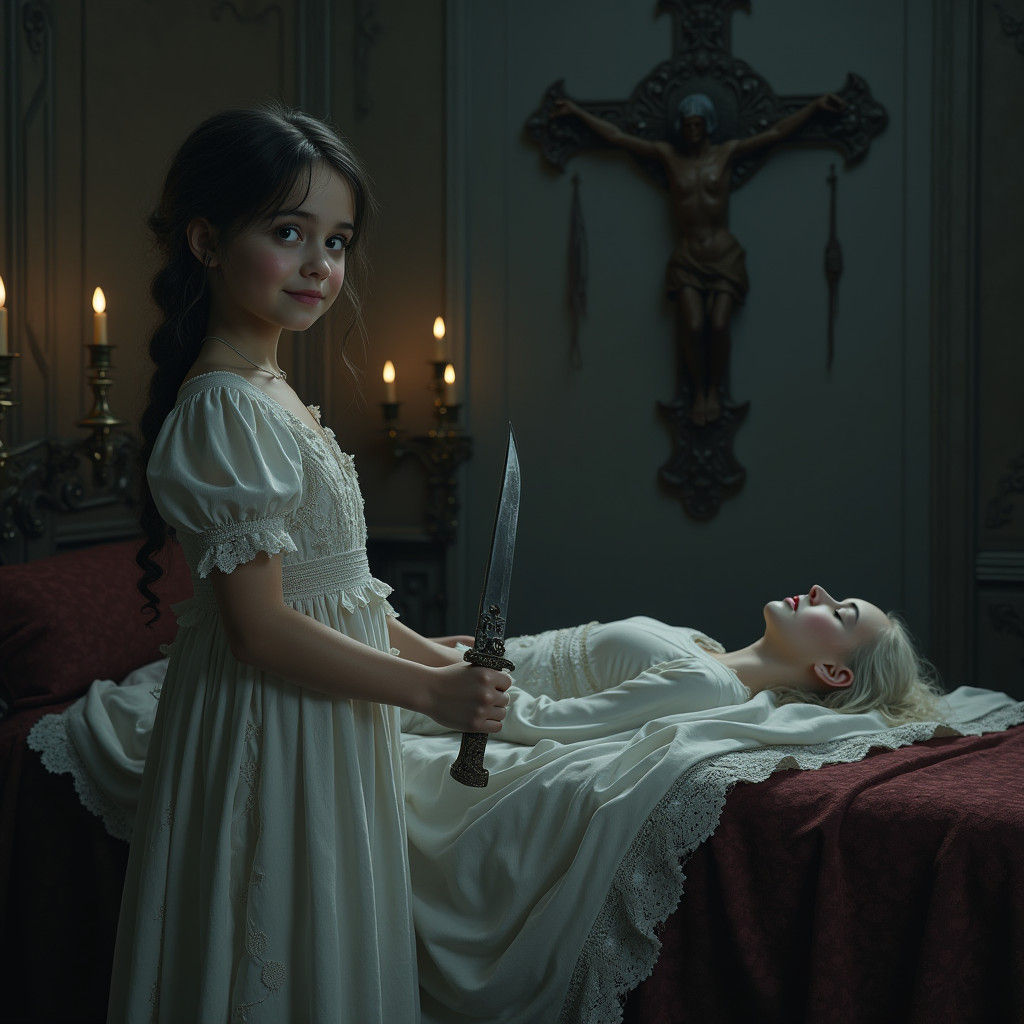 Mystical Chamber: Girl with Knife in Dark Realism