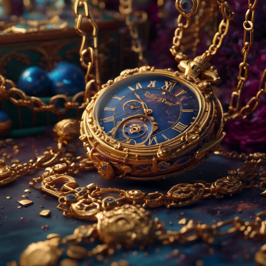 Gold Chain Watch in Detailed Matte Painting Style