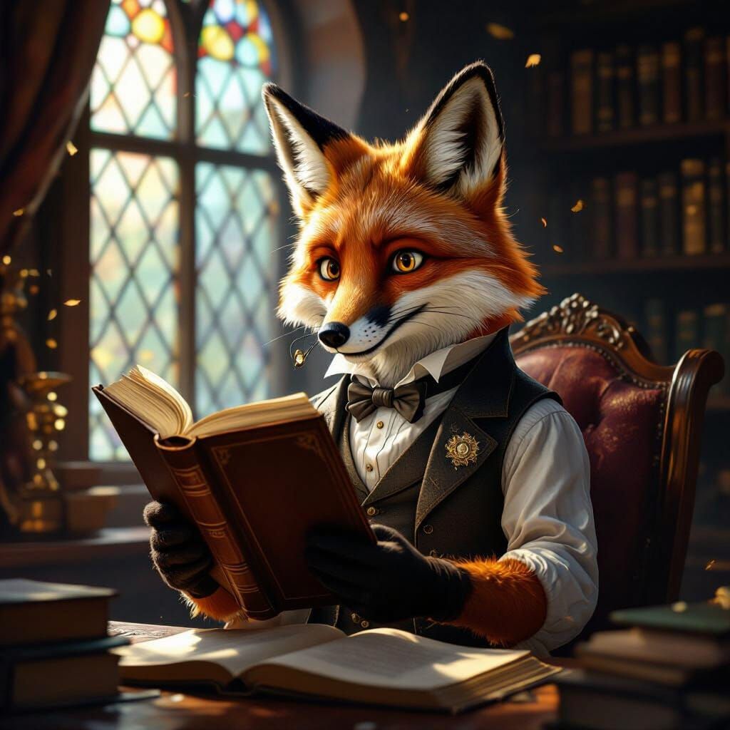 Victorian Fox Reading in Cozy Study, Storybook Illustration ...