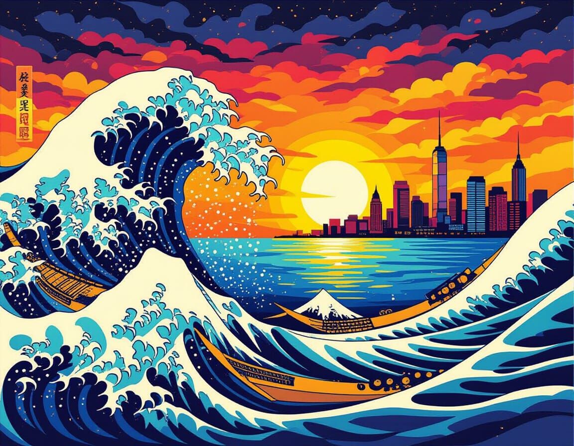 Blacklight Sunset Harbour in Maximalist Mosaic Style