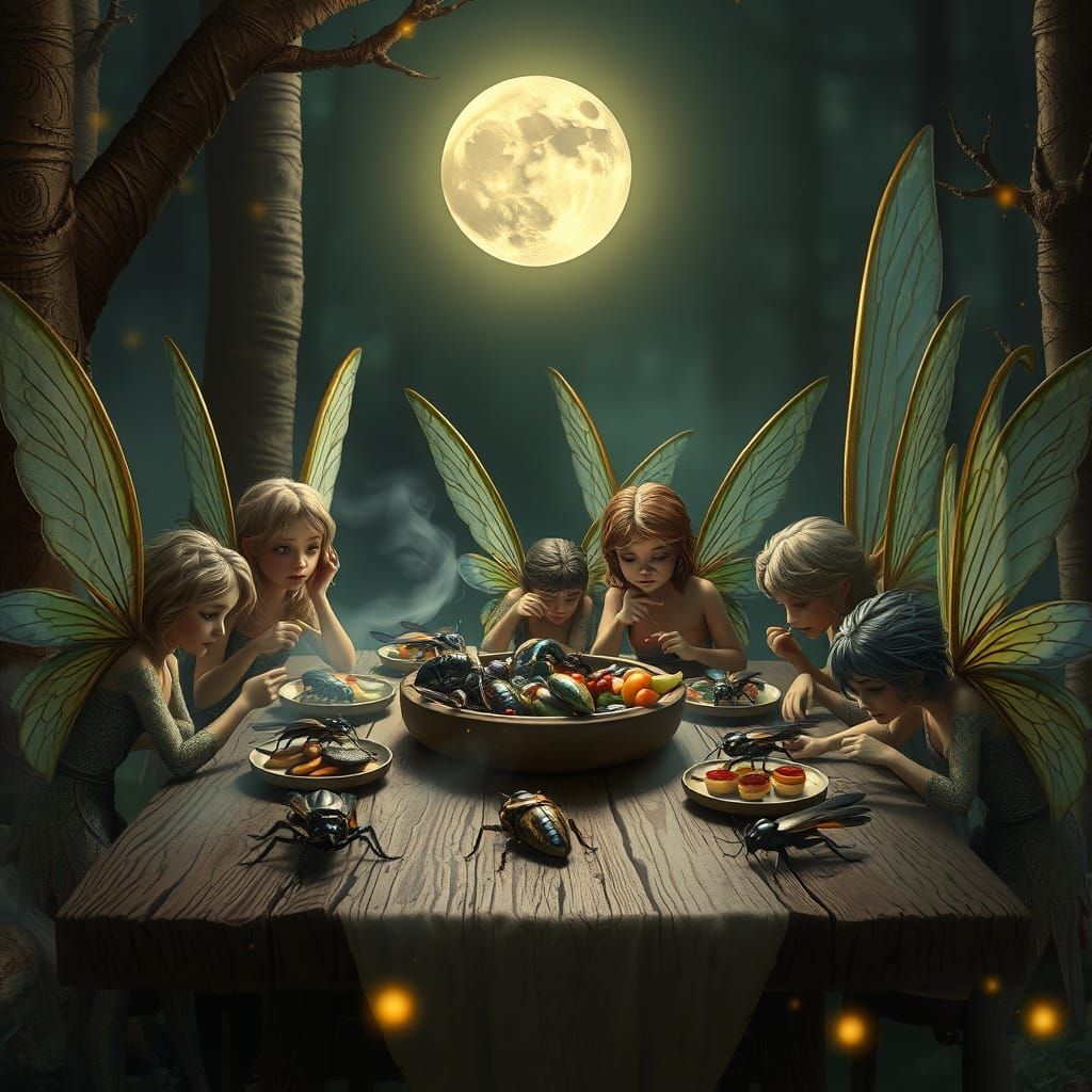 Fairies' Moonlit Feast in Collectible Fantasy Art Style