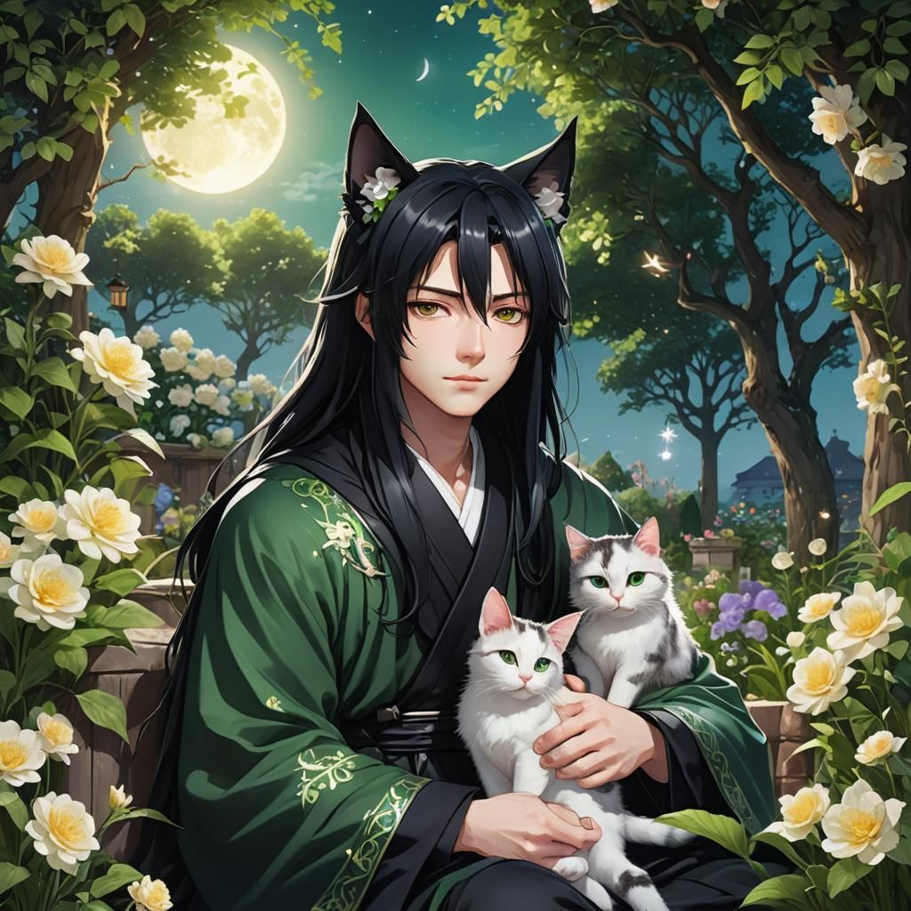 Anime Boy with Cat Ears in Moonlit Garden