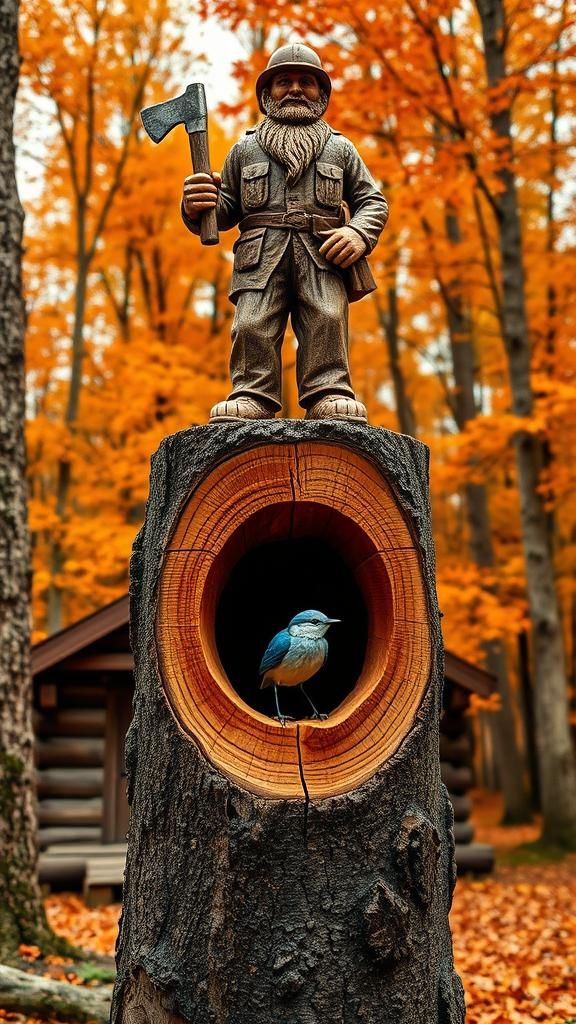 Detailed Wood Carving of Lumberjack with Bird's Nest