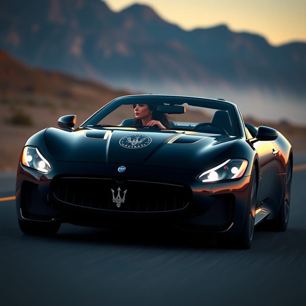 Black Maserati Speeds Through Desert at Dusk