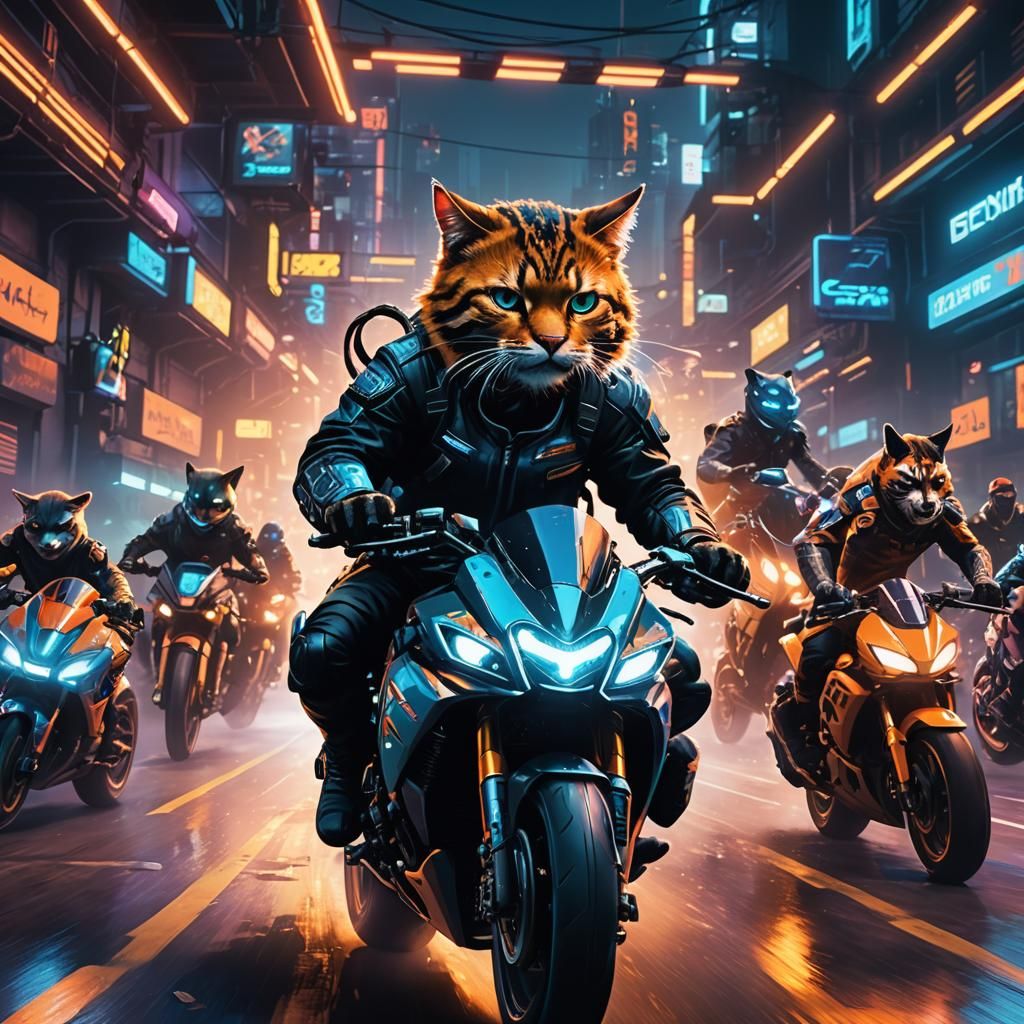 Cat Leads Cyberpunk Motorcycle Race