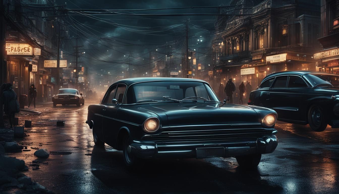 Dramatic Car Chase in Dark Cityscape