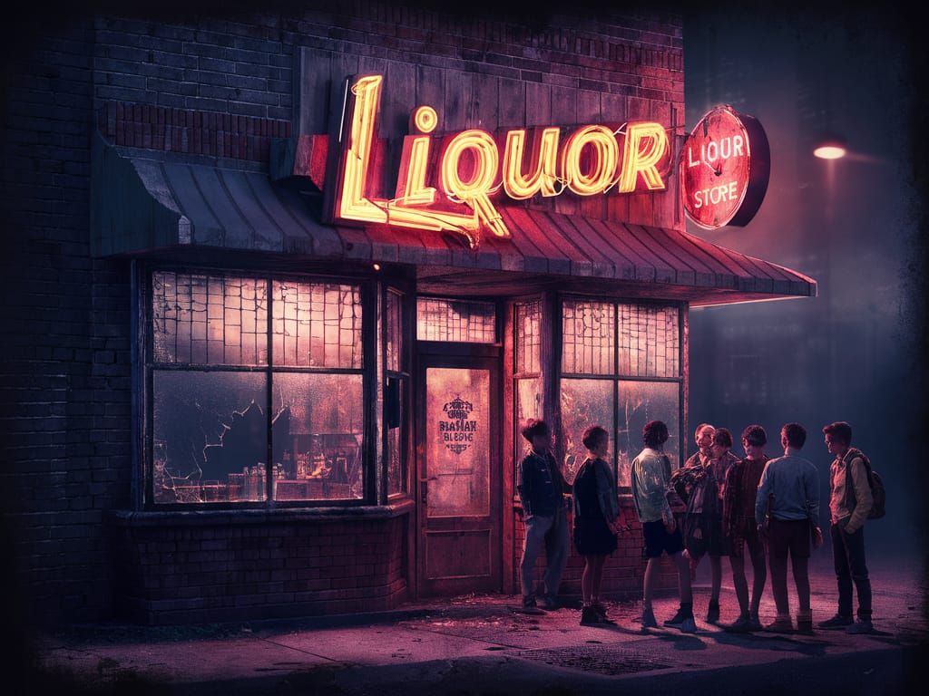 Nostalgic Liquor Store Scene at Night