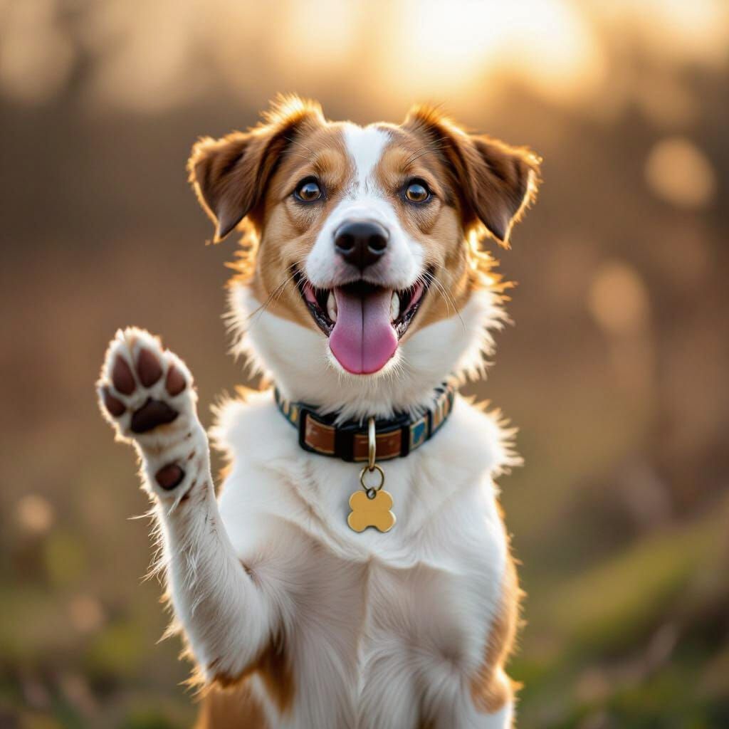 Playful Dog Waving Paw in Golden Light