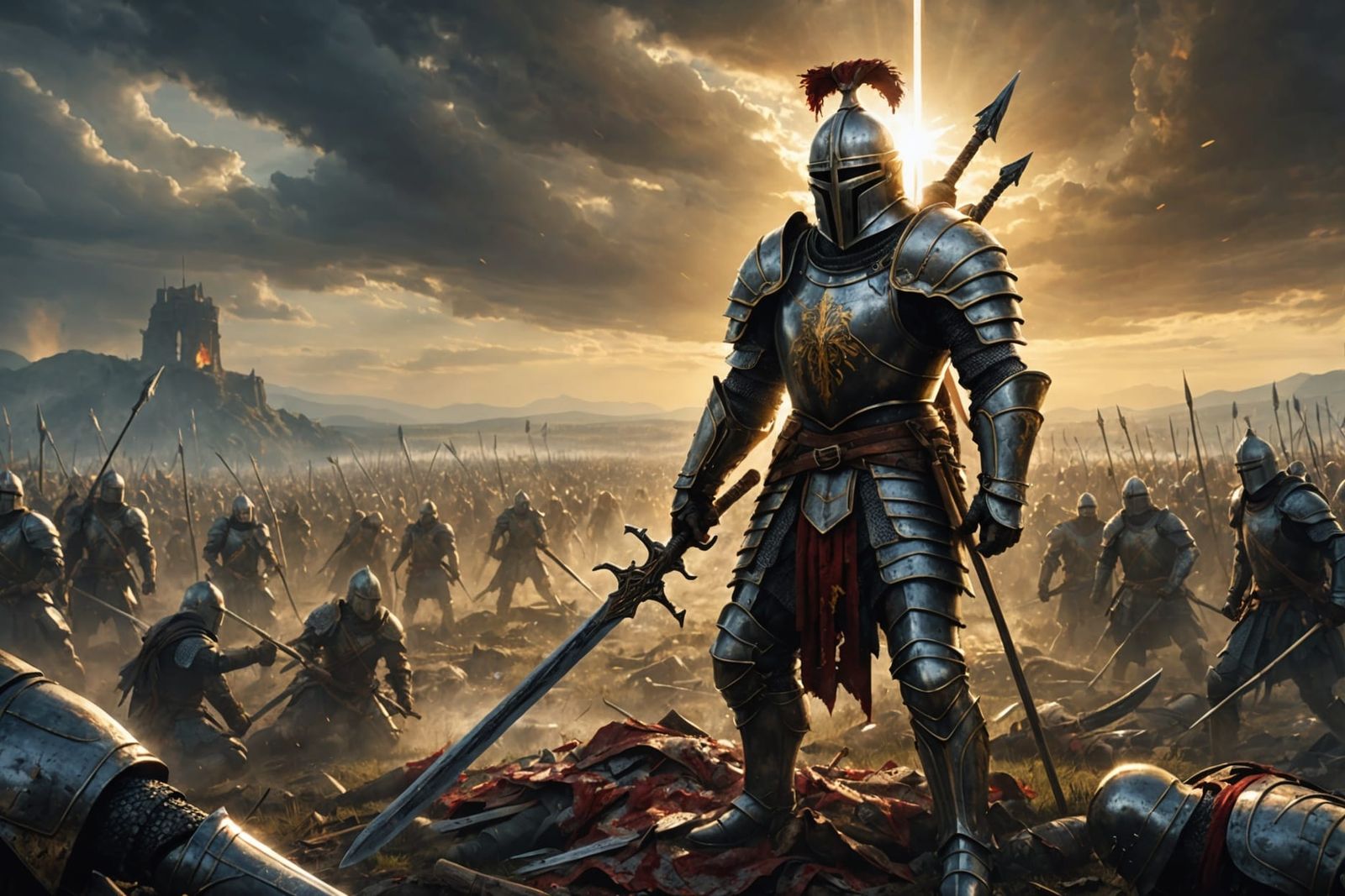 Knight Kneeling on Battlefield in Sunlight