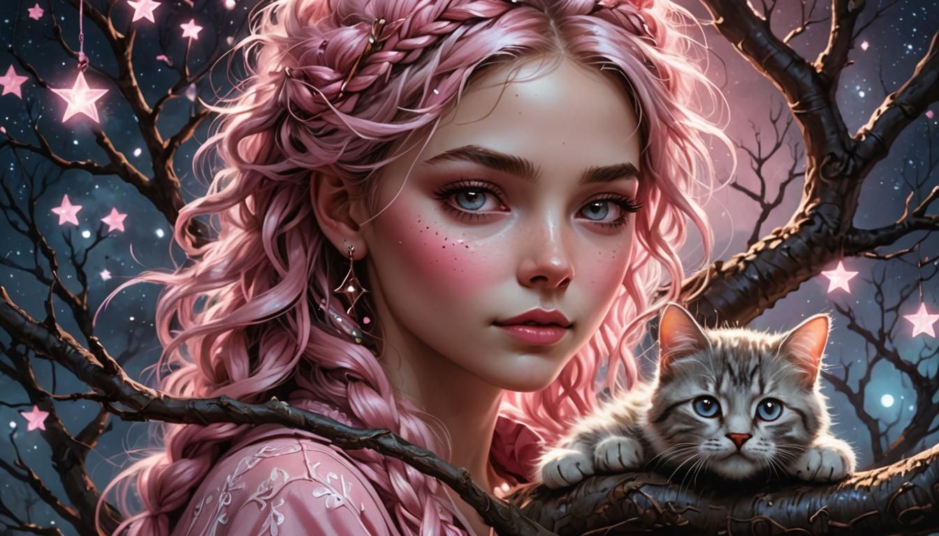 Mystical Tree of Life: Digital Portrait with Kitten