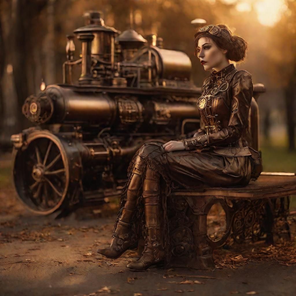 Steampunk Girl with Engine in Golden Hour Light
