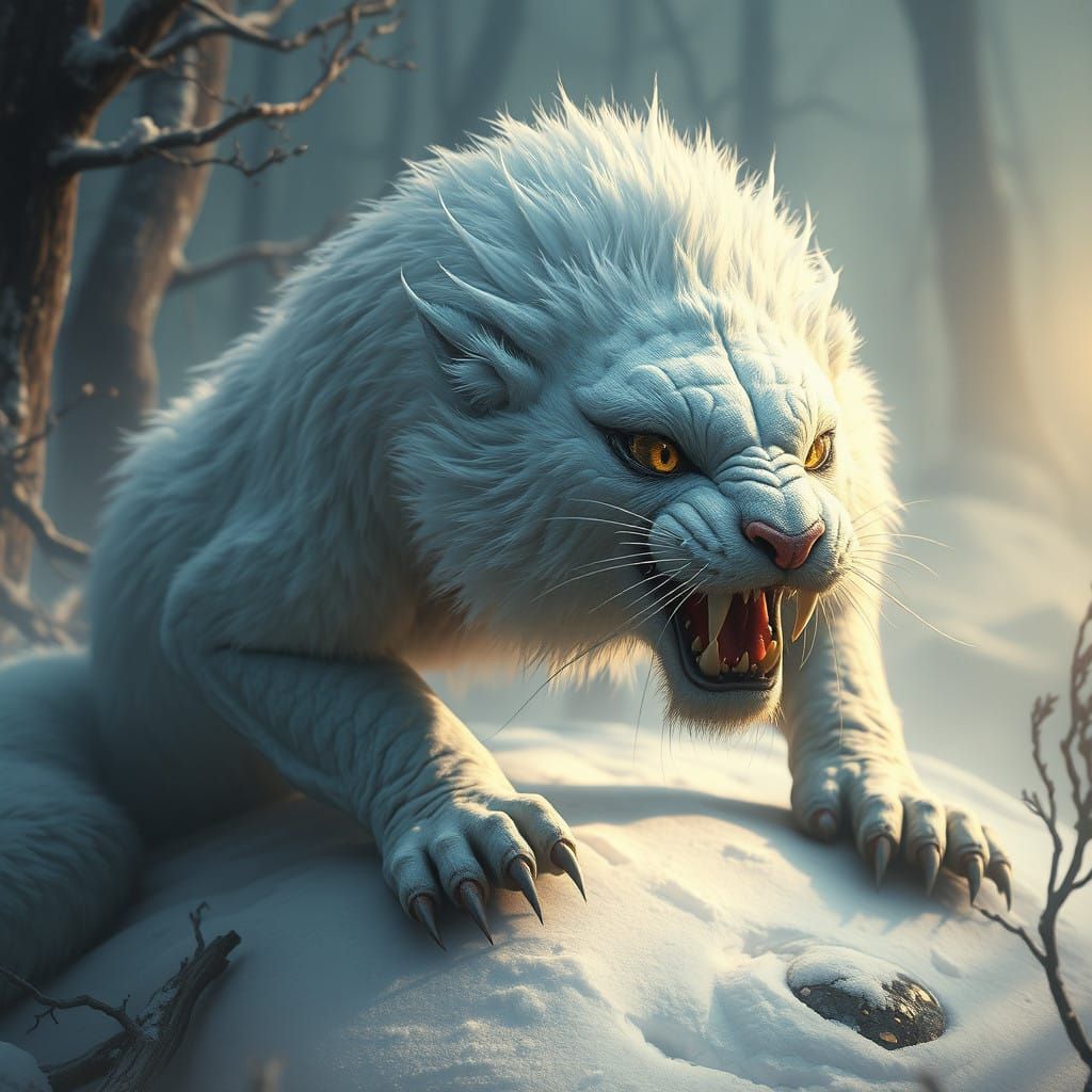Mystical Feline Beast in Enchanted Snowy Realm