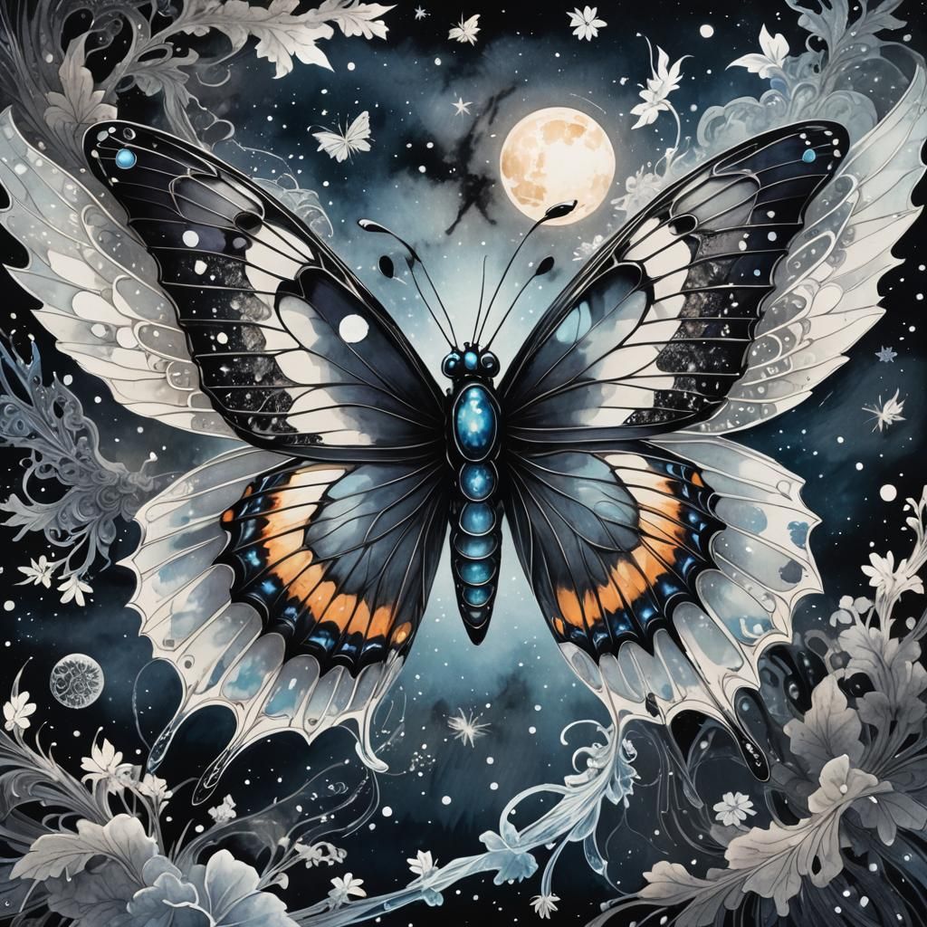 Dark Fantasy Anime: Ice Butterfly in Ukiyo-e Style