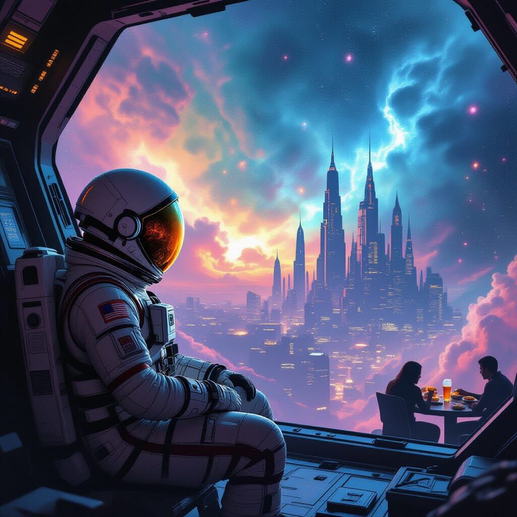 Astronaut Adrift in Cosmic Void Reflecting Alien City