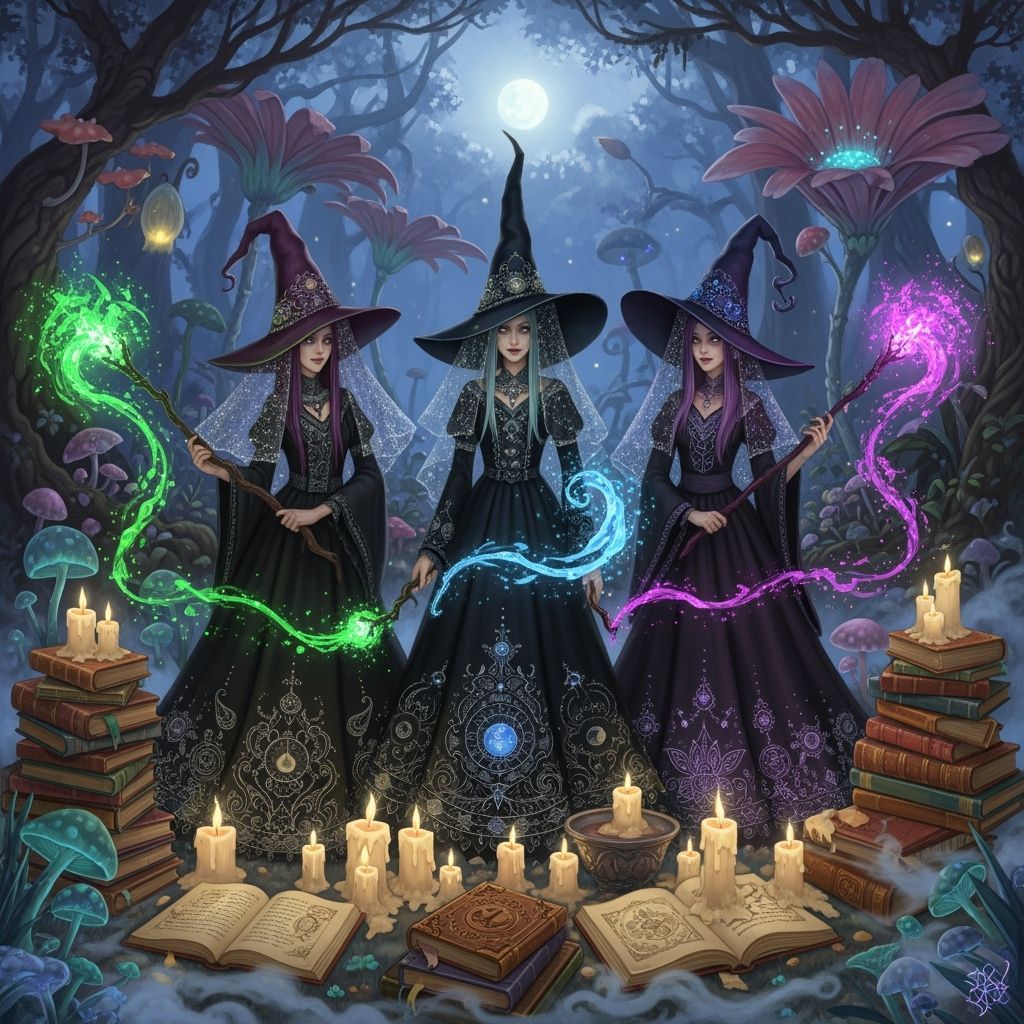 Witches Casting Spells in Mystical Twilight Forest