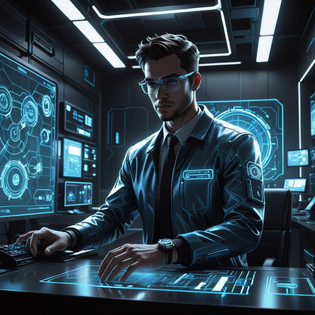 Futuristic Workspace in Dimly Lit Environment