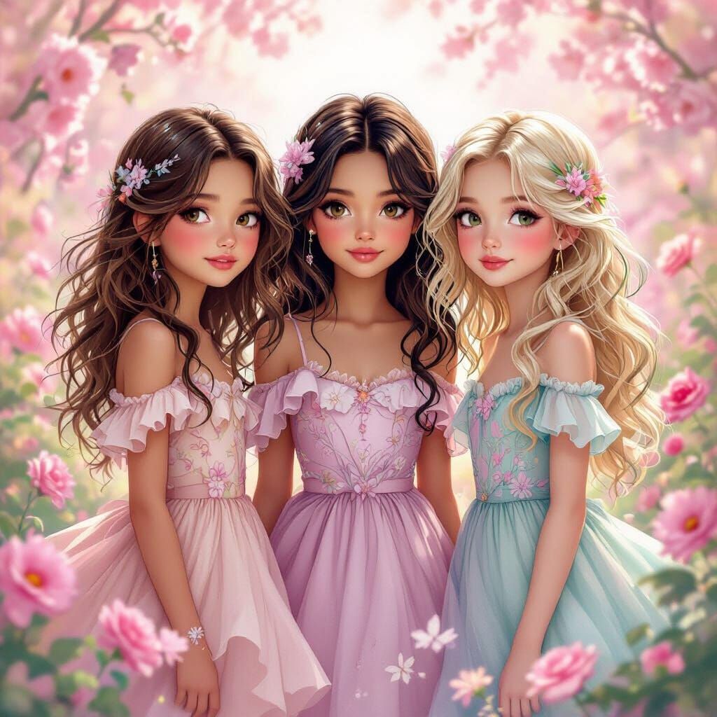 Girls in Whimsical Fairy Garden, Dreamy Art Style