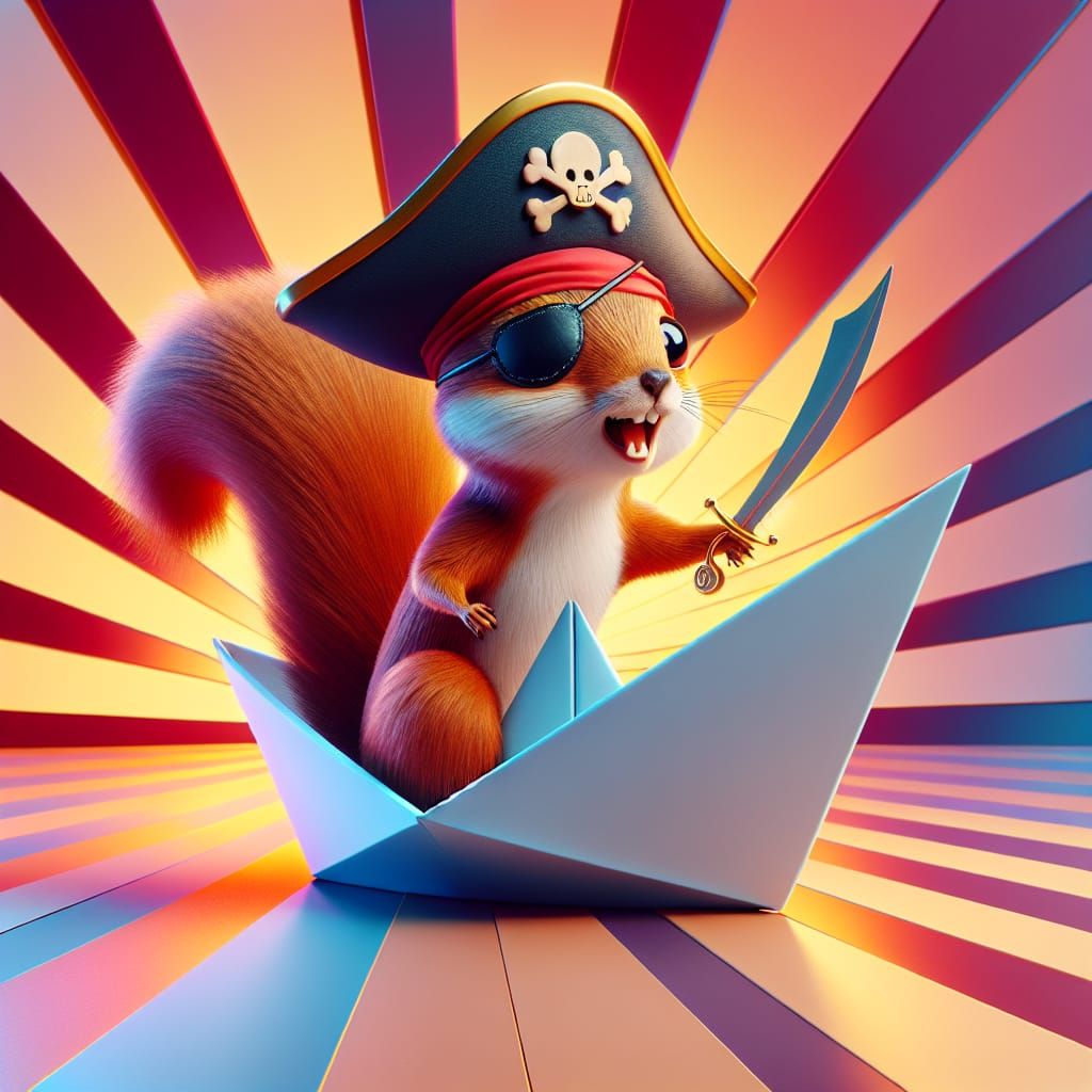 Pirate Squirrel Sailing a Paper Boat