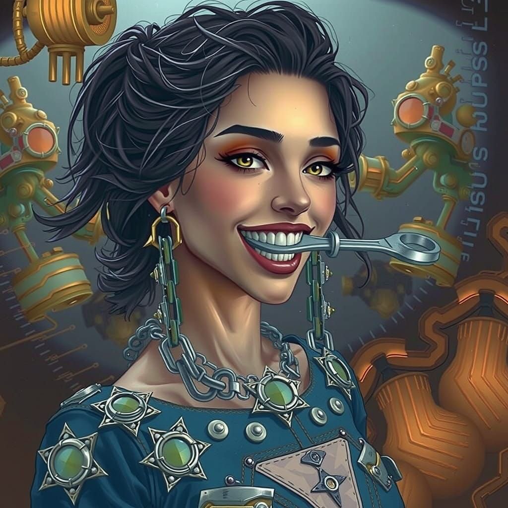 Woman in Determined Stance with Crescent Wrench, in a Futuri...