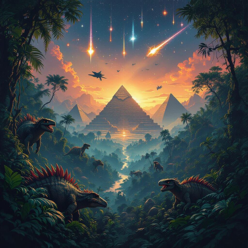 Surreal Jungle Scene with Dinosaurs and Spaceships