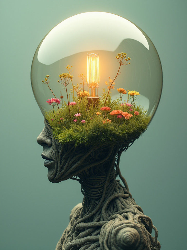 Surreal Light Bulb Head Reveals Spring Landscape