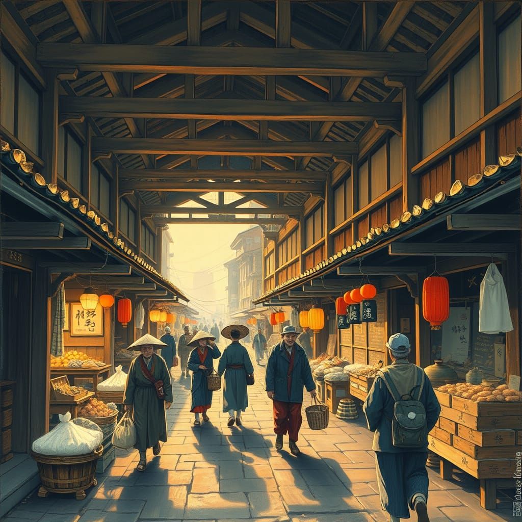 Surreal Japanese Market Scene in Traditional Woodblock Style